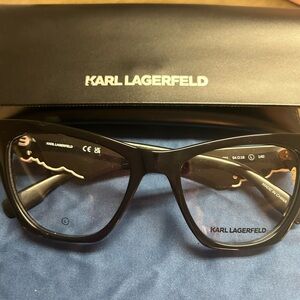 Karl Lagerfeld Black Cat-Eye Optical Glasses for Men with Subtle Gold Detail